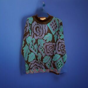 Vintage 80s Women Michael Carrie black purple green floral tunic sweater size M‎